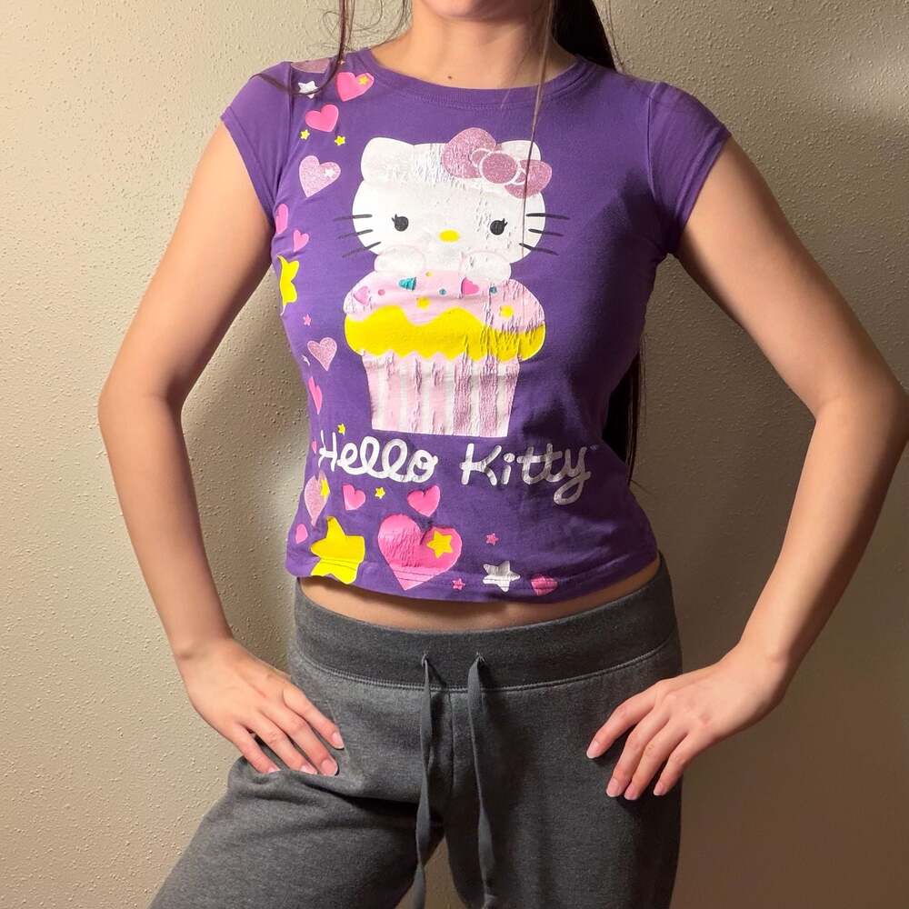 Sanrio Hello Kitty Purple Cupcake Graphic Baby Tee Size M 7/8